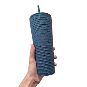 Starbucks Navy Blue Soft Touch Grid Tumbler 24 oz Venti + New Straw